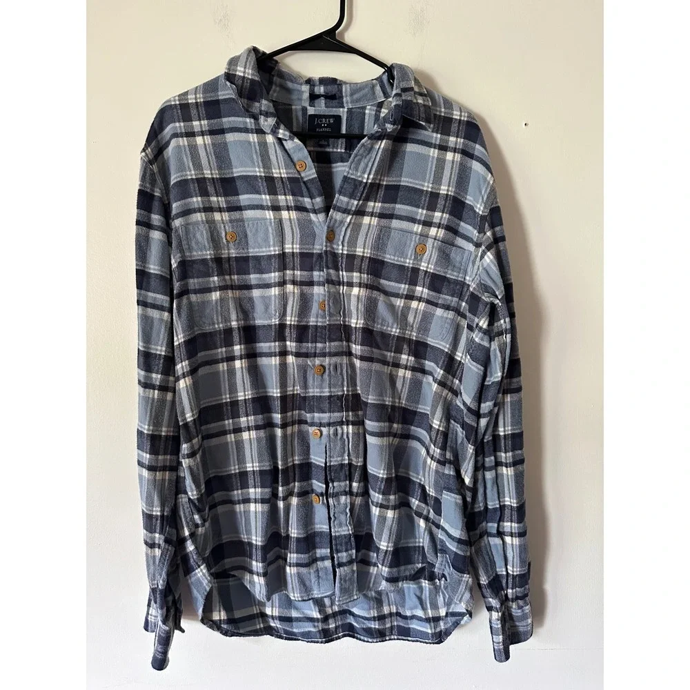 J. Crew Mens Slim Fit Flannel Plaid Button Down Shirt Blue White Cotton Large
